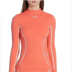 Off-White Off Stamp Seamless Mock Neck Long Sleeve Rib T-Shirt in Coral Red